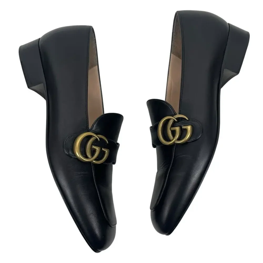 Gucci Double GG Logo Square Toe Slip On Leather Loafer Black Size 38 - Picture 7 of 16